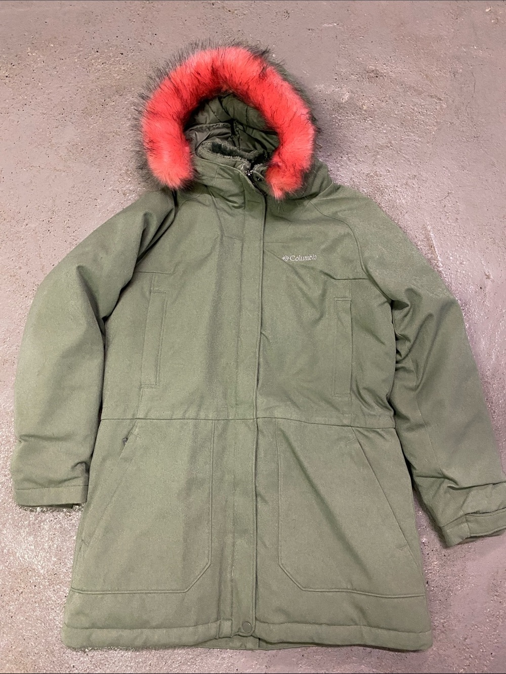 Columbia Kids Olive Green Puffer Coat with Coral Faux Fur Hood